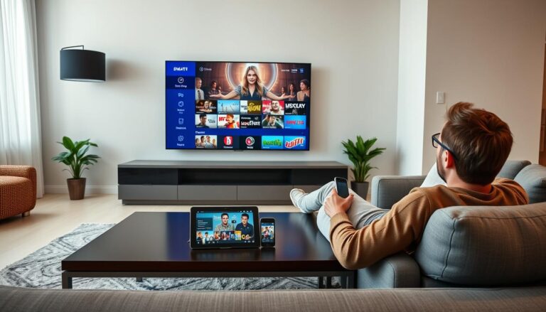 Person enjoying IPTV subscription streaming on multiple devices including smart TV, tablet and smartphone