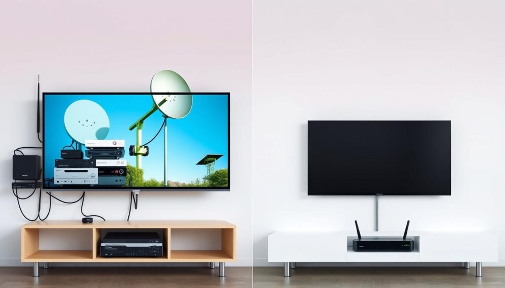 Side-by-side comparison of traditional TV setup versus IPTV subscription setup showing the difference in equipment needed Side-by-side comparison of traditional TV setup versus IPTV subscription setup showing the difference in equipment needed