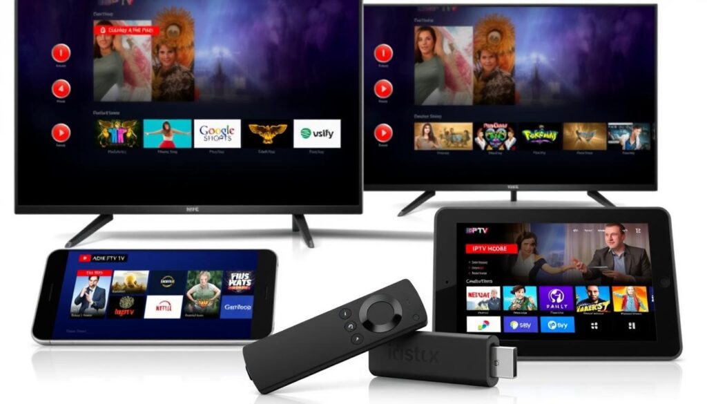 Various devices showing IPTV subscription apps and interfaces Various devices showing IPTV subscription apps and interfaces