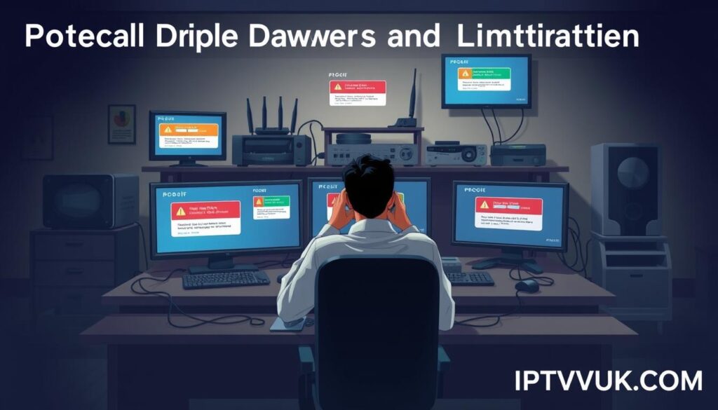 A conceptual illustration depicting IPTV technical challenges for an article section titled "Potential Drawbacks and Limitations." In the foreground, a frustrated technician sits at a cluttered desk with multiple screens displaying buffering symbols and error messages, dressed in professional business attire. The middle layer features a variety of digital devices like routers and smart TVs, surrounded by tangled cables. In the background, a dimly lit room casts shadows, emphasizing the complexity of the technology. Soft, ambient lighting highlights the screens, creating a slightly moody atmosphere that reflects frustration and concern. The setting conveys the intricate issues involved in IPTV streaming, symbolizing the technical hurdles faced by users. At the bottom corner, subtly incorporate the brand name "IPTVVUK.COM." A conceptual illustration depicting IPTV technical challenges for an article section titled "Potential Drawbacks and Limitations." In the foreground, a frustrated technician sits at a cluttered desk with multiple screens displaying buffering symbols and error messages, dressed in professional business attire. The middle layer features a variety of digital devices like routers and smart TVs, surrounded by tangled cables. In the background, a dimly lit room casts shadows, emphasizing the complexity of the technology. Soft, ambient lighting highlights the screens, creating a slightly moody atmosphere that reflects frustration and concern. The setting conveys the intricate issues involved in IPTV streaming, symbolizing the technical hurdles faced by users. At the bottom corner, subtly incorporate the brand name "IPTVVUK.COM."