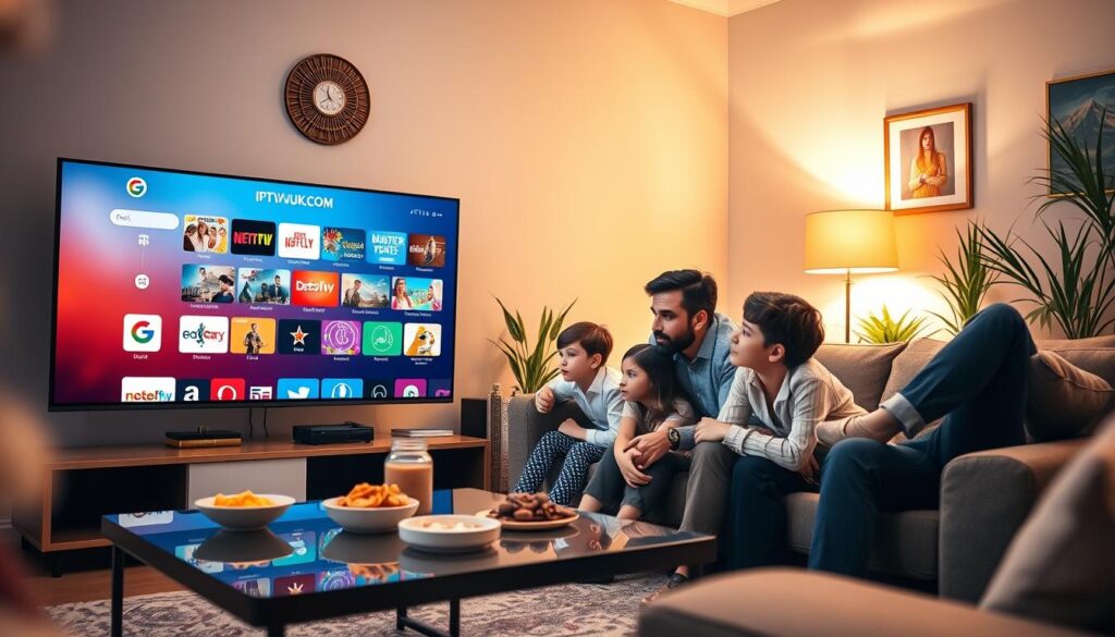 A cozy living room setting showcasing an IPTV streaming experience. In the foreground, a modern flat-screen TV displays a vibrant and colorful interface of IPTVVUK.COM, featuring a selection of popular channels and shows. A stylish coffee table is adorned with snacks and a remote control. In the middle, a family of four—two adults in professional business attire and two children in comfortable casual clothing—are leaning forward, immersed in watching their favorite program. In the background, warm ambient lighting softens the scene, with decorative wall art and plants enhancing the inviting atmosphere. A subtle bokeh effect blurs the edges, drawing the viewer's attention to the engaging IPTV content. The overall mood is one of family togetherness and enjoyment, emphasizing a premium streaming experience. A cozy living room setting showcasing an IPTV streaming experience. In the foreground, a modern flat-screen TV displays a vibrant and colorful interface of IPTVVUK.COM, featuring a selection of popular channels and shows. A stylish coffee table is adorned with snacks and a remote control. In the middle, a family of four—two adults in professional business attire and two children in comfortable casual clothing—are leaning forward, immersed in watching their favorite program. In the background, warm ambient lighting softens the scene, with decorative wall art and plants enhancing the inviting atmosphere. A subtle bokeh effect blurs the edges, drawing the viewer's attention to the engaging IPTV content. The overall mood is one of family togetherness and enjoyment, emphasizing a premium streaming experience.
