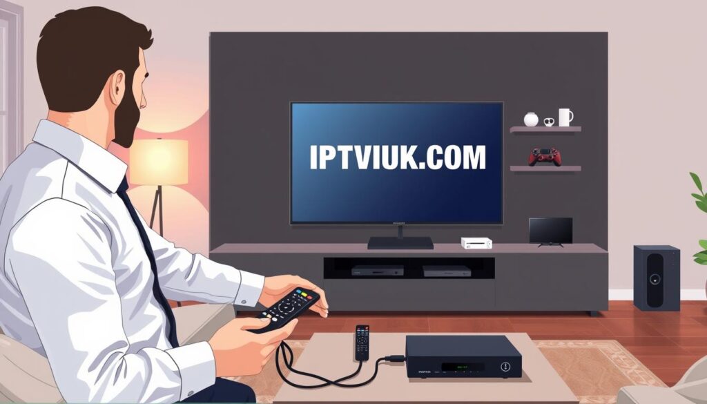 A detailed IPTV setup guide illustration, featuring a sleek living room with a flat-screen TV displaying IPTVVUK.COM on the screen. In the foreground, a professional individual in business casual attire is setting up a streaming device, such as a sleek set-top box, with cables neatly arranged. The middle layer shows a coffee table with a user-friendly remote, and a few popular streaming service logos subtly visible. In the background, a cozy ambiance is created with warm lighting from floor lamps, soft furnishings, and shelves adorned with tech gadgets. The perspective is slightly angled to give depth, showcasing the modern interior. The mood is informative yet inviting, emphasizing a seamless IPTV setup experience. A detailed IPTV setup guide illustration, featuring a sleek living room with a flat-screen TV displaying IPTVVUK.COM on the screen. In the foreground, a professional individual in business casual attire is setting up a streaming device, such as a sleek set-top box, with cables neatly arranged. The middle layer shows a coffee table with a user-friendly remote, and a few popular streaming service logos subtly visible. In the background, a cozy ambiance is created with warm lighting from floor lamps, soft furnishings, and shelves adorned with tech gadgets. The perspective is slightly angled to give depth, showcasing the modern interior. The mood is informative yet inviting, emphasizing a seamless IPTV setup experience.