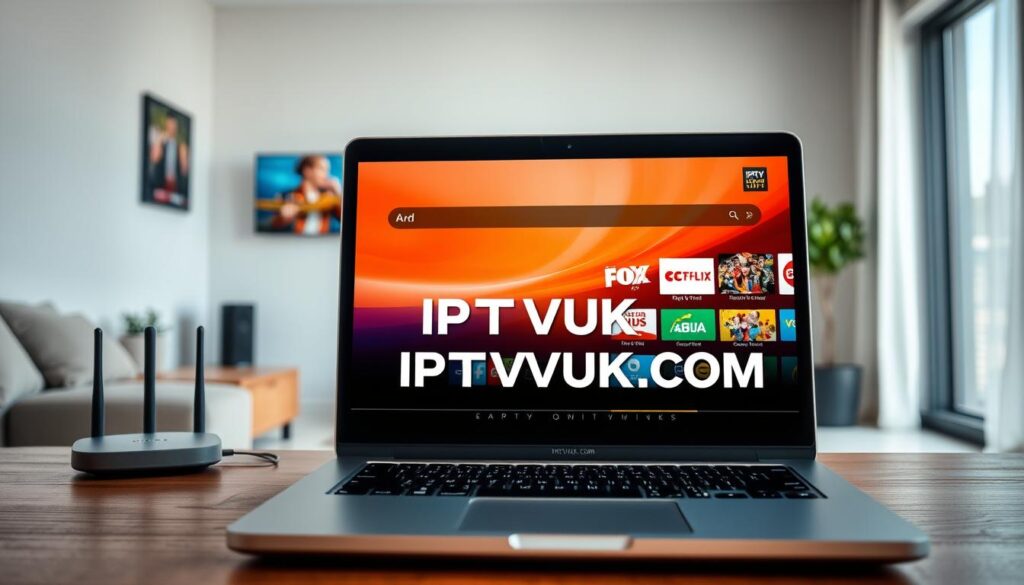 A detailed composition showcasing IPTV streaming quality requirements. In the foreground, depict a laptop displaying a high-definition IPTV streaming interface, with vibrant visuals of popular channels and a smooth playback interface. In the middle ground, illustrate a modern living room setting, featuring a smart TV connected to a router, emphasizing high-speed internet connectivity with visual elements like bars representing internet speed. In the background, add a window with bright, natural lighting, suggesting a pleasant daytime atmosphere. The overall mood should be one of efficiency and relaxation, highlighting the enjoyment of seamless streaming. Include the brand name "IPTVVUK.COM" subtly integrated into the laptop's screen design.