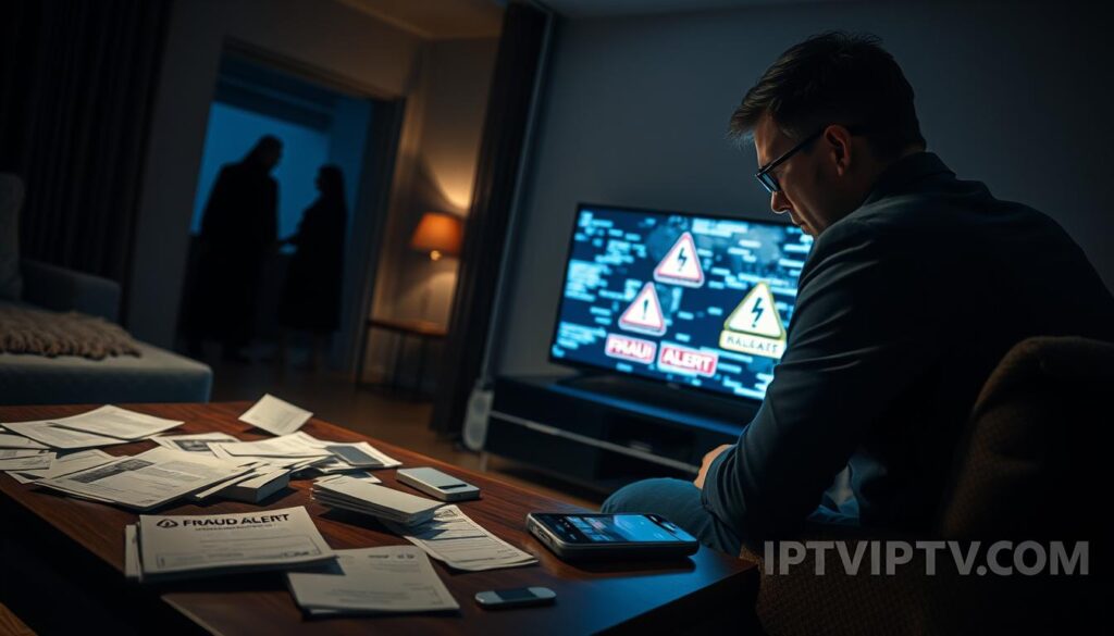 A dimly lit living room depicting a concerned individual, dressed in professional business attire, gazing anxiously at a television displaying distorted images and warning symbols associated with illegal IPTV services. In the foreground, a coffee table with scattered bills and paperwork representing financial risks, while a phone with a ‘fraud alert’ notification lies nearby. The middle ground has the television set showing glitchy screens and warning signs, symbolizing the instability and legal dangers of illegal IPTV. In the background, a darkened window reveals a vague silhouette of an ominous figure, representing potential legal consequences. The atmosphere conveys tension and caution, with soft, flickering lights and shadows enhancing the mood. Integrate elements representing IPTVVUK.COM subtly into the scene, perhaps within the television screen graphics.