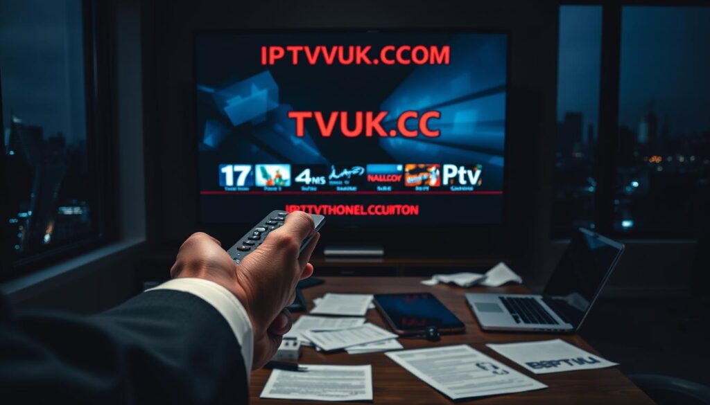 A dimly lit room with a large screen displaying a suspicious IPTV service interface, prominently featuring the brand name "IPTVVUK.COM". In the foreground, a pair of hands, wearing professional business attire, are using a remote control to navigate through various unlicensed channels. The middle ground includes a cluttered desk with scattered paperwork and an old laptop, hinting at the illegal nature of these services. In the background, a darkened window shows a gloomy cityscape, enhancing the atmosphere of secrecy and illegality. The lighting should be moody and dramatic, emphasizing shadows and giving a sense of tension. The overall mood is one of caution, highlighting the risks associated with illegal IPTV services while maintaining a professional and informative tone.