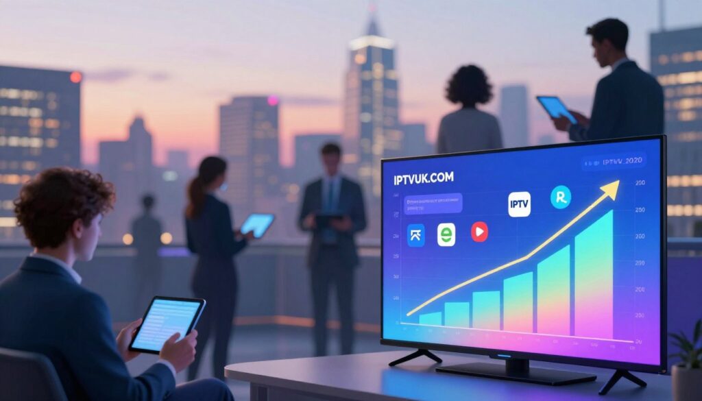 A dynamic and modern visualization of the growth of IPTV in the UK in 2020, showcasing a vibrant digital landscape. In the foreground, a sleek television screen displays a colorful chart with rising graphs symbolizing the increase in viewership, while icons of popular IPTV services like “IPTVVUK.COM” are featured prominently. In the middle ground, silhouettes of diverse individuals in professional attire engage with various devices like tablets and smartphones, representing the audience embracing IPTV technology. The background features a blurred urban skyline bathed in soft evening light, creating a sense of forward movement and technological innovation. The overall mood is optimistic and progressive, highlighting the burgeoning popularity of IPTV in a contemporary setting, captured with a slight upward angle to emphasize growth.