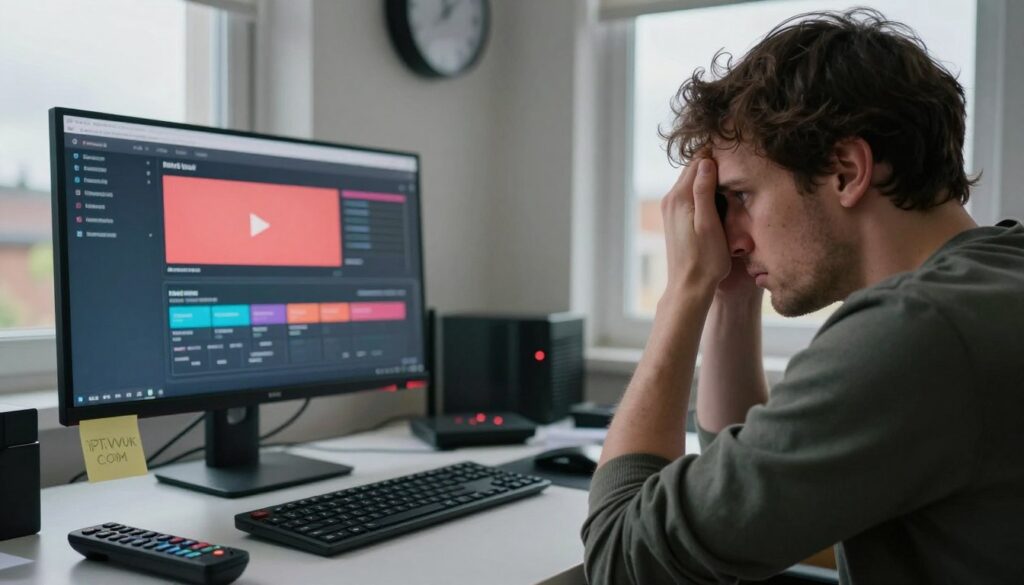 A frustrated person in a home office setting, sitting in front of a computer with a buffering IPTV screen on the monitor, depicting connection issues. The foreground shows a close-up of the person's puzzled expression, wearing smart casual attire. In the middle, a cluttered desk with a router flashing red lights, and an array of remote controls scattered around. In the background, a wall with a clock and a window showing a cloudy sky, adding an atmosphere of frustration. Soft, natural lighting illuminates the scene, emphasizing the mood of exasperation. Include the brand name "IPTVVUK.COM" subtly displayed on a post-it note or a pamphlet on the desk. The overall feel should resonate with tension and urgency while maintaining a professional appearance.