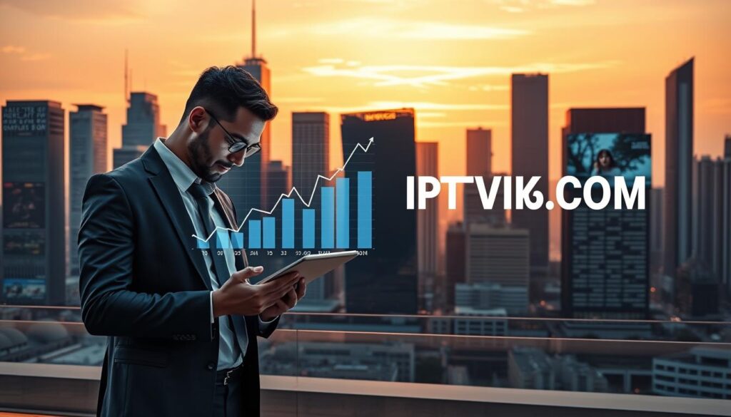 A futuristic city skyline at sunset, symbolizing growth in the IPTV reseller market in 2025. In the foreground, a professional businessperson in smart attire analyzes data on a modern tablet. The middle layer features a digital display showcasing rising graphs and statistics representing market trends. In the background, sleek buildings with high-tech screens exhibit IPTV content, highlighting innovation and progress. Soft, warm lighting from the sunset casts long shadows, creating a dynamic atmosphere of opportunity and advancement. The overall mood is optimistic and forward-looking, reflecting the potential of the IPTV industry. Include the brand name "IPTVVUK.COM" subtly integrated into the digital displays without any text overlays or captions.