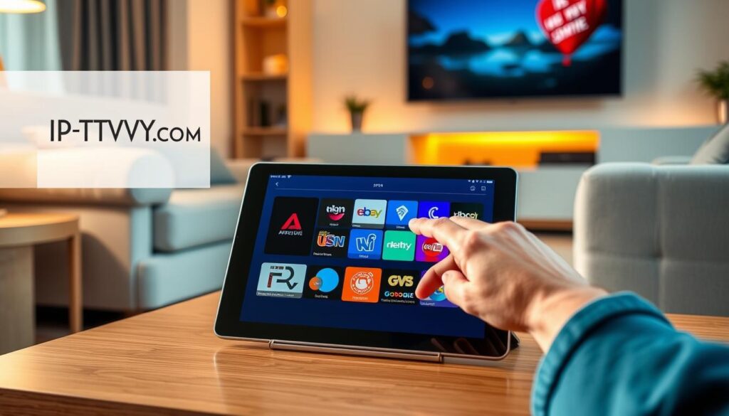 A modern IPTV player application displayed on a sleek tablet screen, surrounded by a cozy living room environment. The tablet is placed on a stylish coffee table, showcasing a user-friendly interface with colorful thumbnails of various channels, symbolizing a variety of IPTV playlists. In the foreground, a hand is interacting with the screen, tapping on a channel icon. The background features a softly lit room with a comfortable couch and a flat-screen TV that subtly reflects the IPTV theme. Warm, inviting lighting creates a relaxed atmosphere. In the corner of the screen, the brand name "IPTVVUK.COM" is subtly integrated, enhancing the scene without overwhelming it. The overall composition conveys clarity and ease of use, ideal for a step-by-step guide setting.