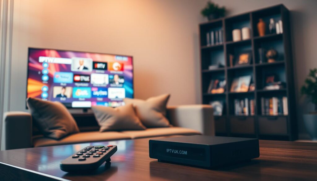A modern IPTV streaming setup in a cozy living room. In the foreground, a sleek smart TV displays a vibrant IPTV interface showcasing various channels. A stylish coffee table holds a remote control and a streaming device labeled “IPTVVUK.COM”. In the middle, a comfortable sofa with plush cushions faces the TV, while a small bookshelf in the background is filled with tech catalogues and entertainment magazines. Soft, warm lighting creates an inviting atmosphere, enhancing the colors on the screen. The angle is slightly elevated, providing a clear view of the setup, while the subtle reflections on the TV screen highlight the digital content. The mood is relaxed and tech-savvy, ideal for illustrating a modern entertainment experience.