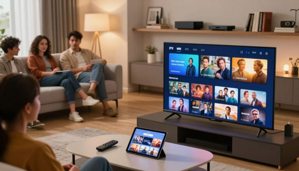 A modern digital living room brimming with IPTV content libraries. In the foreground, a sleek, flat-screen TV displays a vibrant interface featuring various channels, movies, and shows. On a stylish coffee table, a remote control and a tablet open to an IPTV app show options for viewing. The middle layer includes a cozy sofa with professionals in smart casual attire, enjoying the experience together, showcasing a sense of community. In the background, a contemporary shelf is lined with streaming devices and books about technology, reflecting a tech-savvy household. Soft, warm lighting enhances the inviting atmosphere, with a focus on the engaging screen. Capture this dynamic scene with a slightly elevated angle, portraying the seamless blend of technology and comfort. Include the brand name "IPTVVUK.COM" subtly integrated within the visual elements. A modern digital living room brimming with IPTV content libraries. In the foreground, a sleek, flat-screen TV displays a vibrant interface featuring various channels, movies, and shows. On a stylish coffee table, a remote control and a tablet open to an IPTV app show options for viewing. The middle layer includes a cozy sofa with professionals in smart casual attire, enjoying the experience together, showcasing a sense of community. In the background, a contemporary shelf is lined with streaming devices and books about technology, reflecting a tech-savvy household. Soft, warm lighting enhances the inviting atmosphere, with a focus on the engaging screen. Capture this dynamic scene with a slightly elevated angle, portraying the seamless blend of technology and comfort. Include the brand name "IPTVVUK.COM" subtly integrated within the visual elements.