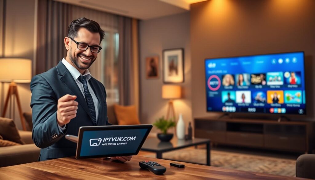 A modern digital workspace featuring a sleek tablet displaying the IPTVVUK.COM logo alongside a vibrant home screen of streaming channels. In the foreground, a cheerful business professional, dressed in a smart business suit, is interacting with the tablet, conveying enthusiasm for the IPTV service. In the middle ground, there are creative elements like a stylish remote control and a modern flat-screen TV, highlighting the IPTV experience. The background should feature an inviting living room with soft ambient lighting, plush furniture, and a stylish decor, suggesting a cozy viewing atmosphere. Use a shallow depth of field for focus, with warm, inviting colors to create a friendly and optimistic mood, perfect for cord-cutters seeking the best value in IPTV services. A modern digital workspace featuring a sleek tablet displaying the IPTVVUK.COM logo alongside a vibrant home screen of streaming channels. In the foreground, a cheerful business professional, dressed in a smart business suit, is interacting with the tablet, conveying enthusiasm for the IPTV service. In the middle ground, there are creative elements like a stylish remote control and a modern flat-screen TV, highlighting the IPTV experience. The background should feature an inviting living room with soft ambient lighting, plush furniture, and a stylish decor, suggesting a cozy viewing atmosphere. Use a shallow depth of field for focus, with warm, inviting colors to create a friendly and optimistic mood, perfect for cord-cutters seeking the best value in IPTV services.