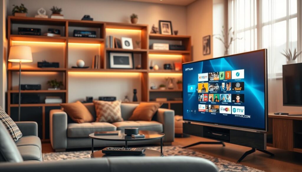 A modern home entertainment setup showcasing IPTV technology as the leading option for reliable streaming services. In the foreground, a sleek, high-definition television displays vibrant content, with the brand name "IPTVVUK.COM" subtly integrated into the screen's corner. In the middle ground, a comfortable living room scene features a stylish couch and a remote control on a coffee table, emphasizing a cozy atmosphere. The background includes shelves with various streaming devices, books, and decor, creating a warm, inviting ambiance. Soft, warm lighting bathes the room, enhancing the feeling of relaxation and satisfaction. The angle is slightly elevated, capturing the whole scene with a focus on the TV and its content, illustrating the shift from traditional cable TV to IPTV technology.