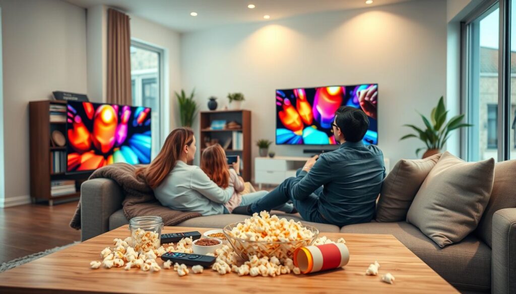 A modern living room featuring a family enjoying an IPTV streaming experience. In the foreground, a comfortable sofa with a cozy blanket, where a couple in smart casual clothing is sitting together, intently watching a large flat-screen TV displaying vibrant, colorful content. In the middle ground, a stylish coffee table is cluttered with popcorn, snacks, and a remote control. The background showcases a well-decorated living room with soft lighting, highlighting a bookshelf and decorative plants. Natural light filters in through large windows, creating a warm and inviting atmosphere. The scene conveys relaxation and togetherness, emphasizing the enjoyment of streaming services like IPTVVUK.COM. The image should be well-composed with a slight depth of field, creating a soft focus on the background.