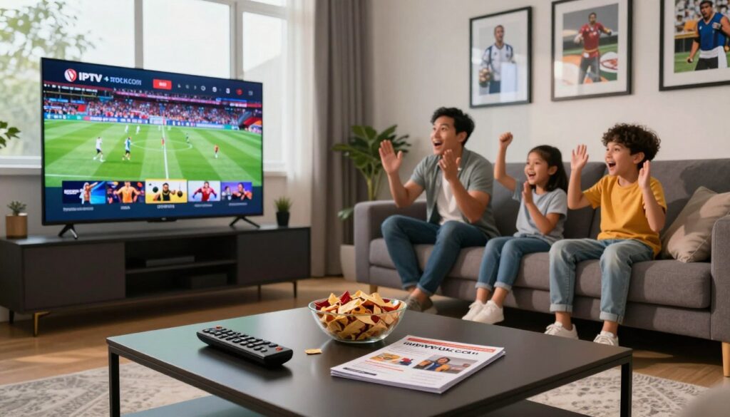 A modern living room featuring a large, high-definition TV displaying an IPTV sports coverage interface. In the foreground, focus on a sleek coffee table with remote controls, snacks, and a subscription brochure for IPTVVUK.COM, showcasing different sports channels. The middle layer captures a family sitting comfortably on a stylish sofa, dressed in casual clothing, excitedly watching a live sports event with expressions of joy and anticipation. The background includes decorative elements like framed sports memorabilia and a gleaming window with soft, natural light pouring in, creating a warm atmosphere. The overall mood is lively and engaging, emphasizing the enjoyment of accessible sports content through IPTV services. A modern living room featuring a large, high-definition TV displaying an IPTV sports coverage interface. In the foreground, focus on a sleek coffee table with remote controls, snacks, and a subscription brochure for IPTVVUK.COM, showcasing different sports channels. The middle layer captures a family sitting comfortably on a stylish sofa, dressed in casual clothing, excitedly watching a live sports event with expressions of joy and anticipation. The background includes decorative elements like framed sports memorabilia and a gleaming window with soft, natural light pouring in, creating a warm atmosphere. The overall mood is lively and engaging, emphasizing the enjoyment of accessible sports content through IPTV services.