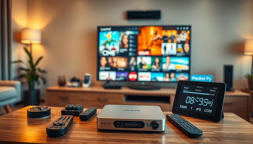 A modern living room featuring a sleek IPTV device on a stylish media console, surrounded by various streaming gadgets and remote controls in the foreground. In the middle, a large flat-screen TV displays vibrant visuals of popular IPTV channels, emphasizing high-definition clarity. The background consists of a cozy, well-lit environment with soft, ambient lighting, enhancing the tech-savvy atmosphere. A digital speedometer on a nearby tablet shows fast internet speeds, conveying the efficiency needed for streaming. The scene is shot from a slightly elevated angle, creating depth, while warm colors and soft shadows invite viewers into the world of home entertainment. The brand name "IPTVVUK.COM" subtly integrated into the device design for branding. A modern living room featuring a sleek IPTV device on a stylish media console, surrounded by various streaming gadgets and remote controls in the foreground. In the middle, a large flat-screen TV displays vibrant visuals of popular IPTV channels, emphasizing high-definition clarity. The background consists of a cozy, well-lit environment with soft, ambient lighting, enhancing the tech-savvy atmosphere. A digital speedometer on a nearby tablet shows fast internet speeds, conveying the efficiency needed for streaming. The scene is shot from a slightly elevated angle, creating depth, while warm colors and soft shadows invite viewers into the world of home entertainment. The brand name "IPTVVUK.COM" subtly integrated into the device design for branding.