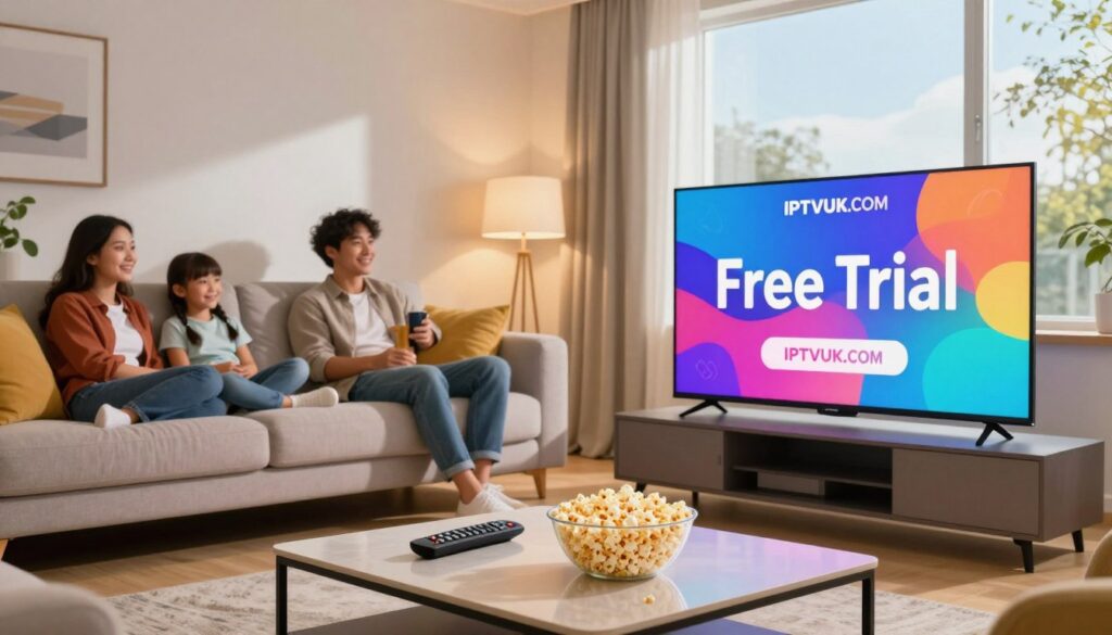 A modern living room featuring a sleek, flat-screen TV displaying a vibrant “Free Trial” promotional graphic for IPTVVUK.COM. In the foreground, a stylish coffee table holds a remote control and a bowl of popcorn, signifying leisure and entertainment. The middle background showcases a comfortable sofa where a family of three—dressed in smart casual clothing, radiating positivity—enjoys their IPTV service. Soft, warm lighting bathes the room, creating an inviting and relaxed atmosphere. In the background, a large window reveals a glimpse of a sunny day outside, enhancing the feeling of comfort and relaxation. The overall mood is cheerful and engaging, emphasizing the appealing nature of free trials for streaming services.