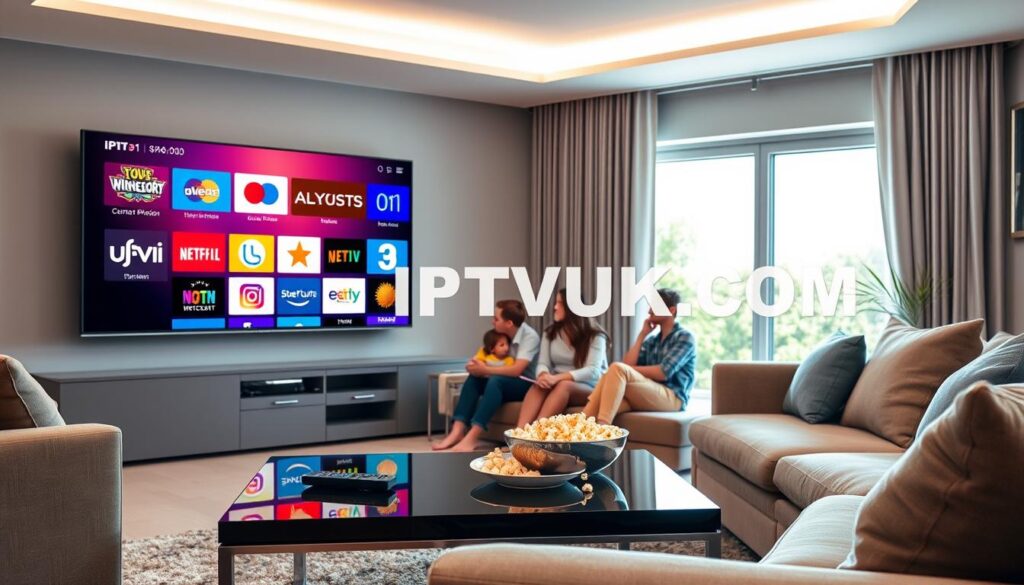 A modern living room featuring a sleek flat-screen TV displaying high-definition IPTV content, like vibrant streaming logos and colorful user interface. In the foreground, a stylish coffee table holds a remote control and a bowl of popcorn, suggesting a cozy viewing experience. Several plush sofas with chic cushions are arranged for comfort. The middle ground showcases a family engaged in watching, dressed in smart casual attire, reflecting enjoyment and engagement. Bright, inviting lighting illuminates the room, creating a warm and welcoming atmosphere. In the background, a window with a view of a sunny day adds depth and liveliness to the scene. The brand name "IPTVVUK.COM" subtly integrated into the TV screen image.