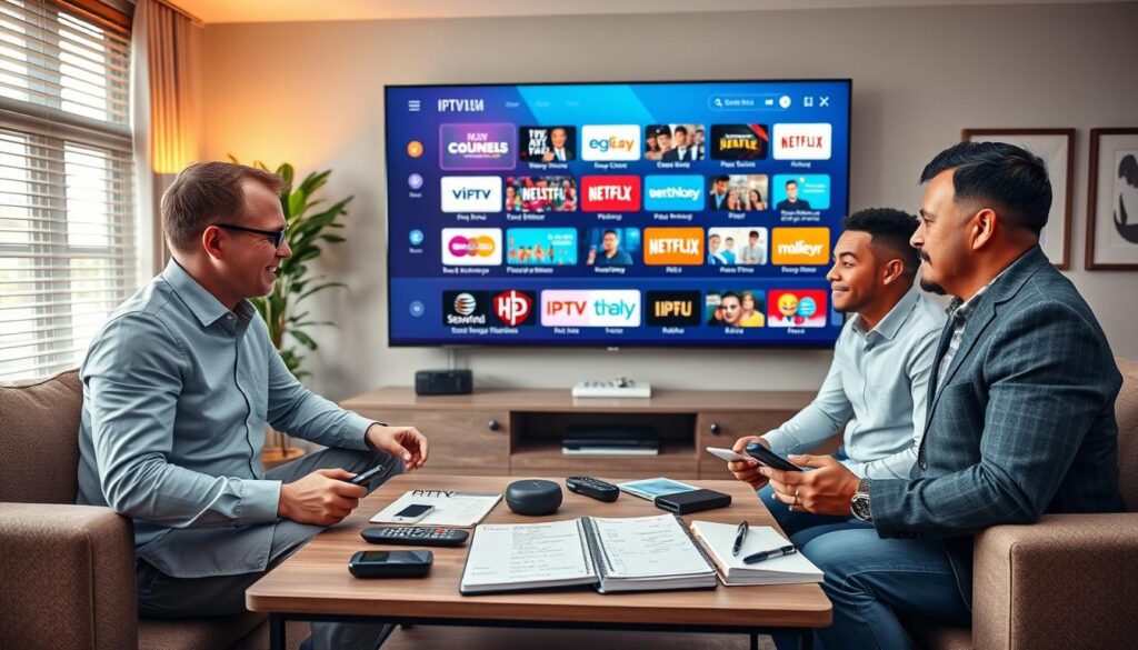 A modern living room scene featuring a large flat-screen TV displaying a colorful IPTV interface, showcasing various streaming options. In the foreground, a diverse group of three individuals - a Caucasian man, an African American woman, and a Hispanic man - engage in a lively discussion about IPTV services, dressed in smart casual attire. The middle layer features a coffee table cluttered with tech gadgets like remote controls, smartphones, and a notebook filled with notes on IPTV service quality. The background shows a cozy atmosphere with soft, warm lighting, large window blinds filtering natural light, and framed art on the walls. The entire scene exudes a sense of community and collaboration, capturing the spirit of streaming discussions around IPTVVUK.COM.