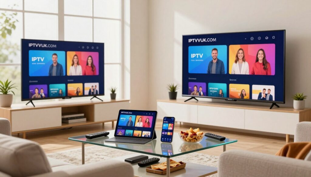 A modern living room scene showcasing IPTV setup on various devices. In the foreground, a stylish smart TV displays the IPTVVUK.COM interface with vibrant, colorful graphics. Beside it, a sleek tablet and a smartphone show the same streaming content, emphasizing versatility. In the middle, a cozy couch is complemented by a glass coffee table cluttered with remote controls and snacks, creating an inviting atmosphere. The background features a bright, well-lit room with large windows letting in natural light. Use soft, warm lighting to enhance the comfort of the space, with a slightly wide-angle lens to capture the entire setup. The mood is relaxed and family-friendly, appealing to viewers who want to learn about IPTV installations. A modern living room scene showcasing IPTV setup on various devices. In the foreground, a stylish smart TV displays the IPTVVUK.COM interface with vibrant, colorful graphics. Beside it, a sleek tablet and a smartphone show the same streaming content, emphasizing versatility. In the middle, a cozy couch is complemented by a glass coffee table cluttered with remote controls and snacks, creating an inviting atmosphere. The background features a bright, well-lit room with large windows letting in natural light. Use soft, warm lighting to enhance the comfort of the space, with a slightly wide-angle lens to capture the entire setup. The mood is relaxed and family-friendly, appealing to viewers who want to learn about IPTV installations.