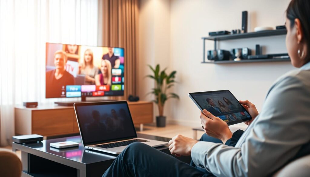 A modern living room scene showcasing IPTV streaming on multiple devices. In the foreground, a sleek, high-definition smart television displays vibrant content, surrounded by a stylish entertainment center. A laptop sits on a coffee table, streaming the same show, while a tablet is comfortably held by a person in professional attire, engrossed in the latest episode. The background features a stylish sofa with plush cushions, and nearby, on a shelf, various streaming devices are neatly arranged. Soft, warm lighting bathes the room, creating an inviting atmosphere. The focus is on the seamless connectivity across devices, illustrating the convenience of IPTV services such as IPTVVUK.COM. The angle captures the dynamic interaction between viewers and their devices, emphasizing the shift towards modern streaming solutions.