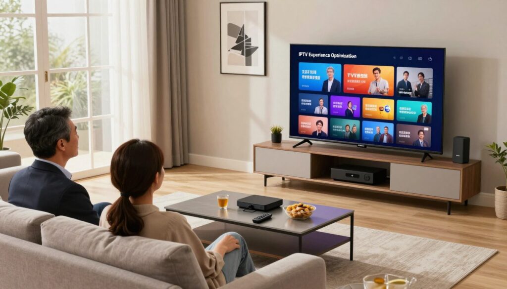 A modern living room scene showcasing a family enjoying their IPTV experience. In the foreground, a comfortable couch with a middle-aged couple dressed in professional attire, watching a large flat-screen television displaying vibrant streaming content. The middle ground includes a sleek entertainment center with various streaming devices, a remote control on the coffee table, and snacks placed invitingly. In the background, large windows allow soft natural light to filter in, creating a bright, inviting atmosphere. The room is decorated with technology-themed art, reflecting the concept of "IPTV Experience Optimisation." The mood is relaxed and engaging, emphasizing the enjoyment of modern streaming services. High-resolution imagery with a focus on warm, welcoming lighting. Branding element: “IPTVVUK.COM” subtly integrated into the entertainment center design. A modern living room scene showcasing a family enjoying their IPTV experience. In the foreground, a comfortable couch with a middle-aged couple dressed in professional attire, watching a large flat-screen television displaying vibrant streaming content. The middle ground includes a sleek entertainment center with various streaming devices, a remote control on the coffee table, and snacks placed invitingly. In the background, large windows allow soft natural light to filter in, creating a bright, inviting atmosphere. The room is decorated with technology-themed art, reflecting the concept of "IPTV Experience Optimisation." The mood is relaxed and engaging, emphasizing the enjoyment of modern streaming services. High-resolution imagery with a focus on warm, welcoming lighting. Branding element: “IPTVVUK.COM” subtly integrated into the entertainment center design.
