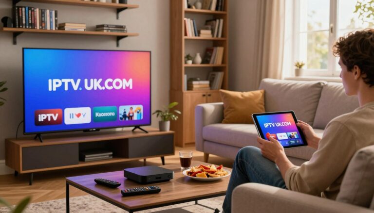 A modern living room scene showcasing an affordable IPTV service. In the foreground, a sleek television with a vibrant screen displaying the IPTVVUK.COM logo. A stylish coffee table is littered with various streaming devices, remote controls, and snacks. In the middle, a comfortable couch with a person dressed in modest casual clothing, expertly using a tablet to browse through streaming options. Soft, ambient lighting bathes the room, creating a warm and inviting atmosphere. In the background, shelves filled with DVDs and books reflect a homey vibe, while a window allows gentle sunlight to stream in. The overall mood is relaxed and contemporary, emphasizing the accessibility and comfort of affordable IPTV services.