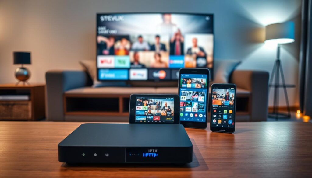 A modern living room scene showcasing various IPTV devices arranged neatly on a stylish entertainment unit. In the foreground, include a sleek IPTV set-top box with glowing indicators, flanked by a smart TV displaying diverse streaming icons. In the middle, showcase a tablet and smartphone, both streaming different channels, emphasizing compatibility. The background features a cozy couch and ambient lighting, creating a warm inviting atmosphere. The lighting should be soft and warm, enhancing the feeling of home entertainment. The camera angle should be slightly tilted from above, providing a comprehensive view of the devices and their interaction. Include the brand name "IPTVVUK.COM" subtly integrated into the scene, ensuring it complements the overall aesthetic.