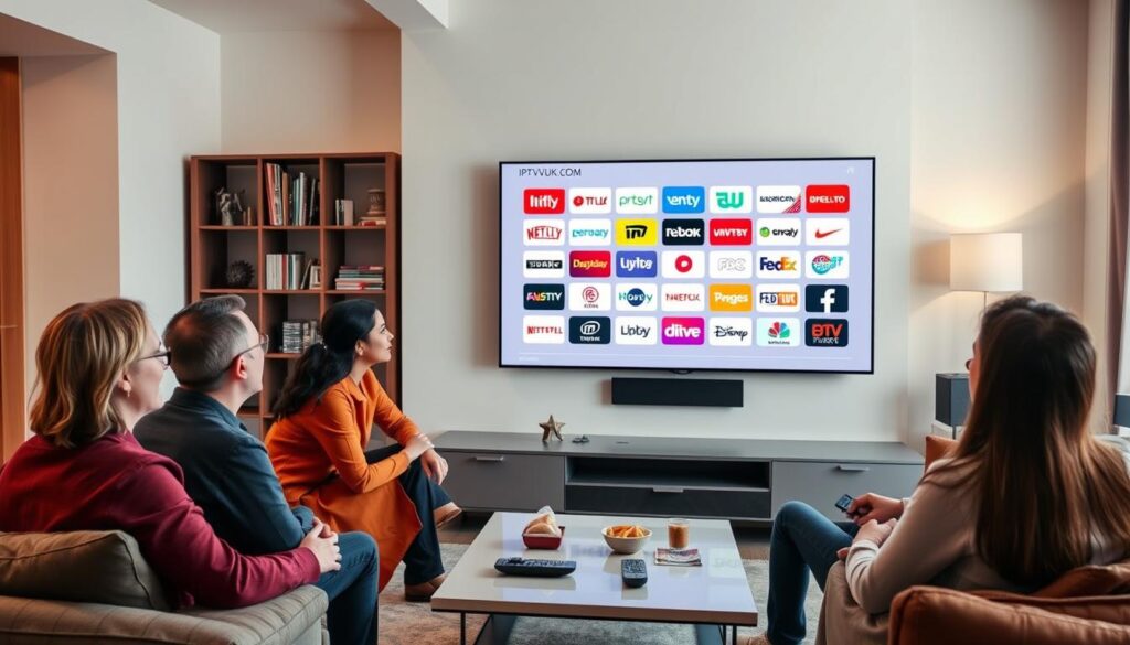A modern living room setting showcasing viewers enjoying IPTV channels on a large flat-screen TV. In the foreground, a diverse group of three people, dressed in smart casual clothing, engaged in an animated discussion while watching a range of colorful IPTV channel logos displayed on the screen. In the middle, a sleek coffee table with remote controls and snacks, enhancing the relaxed atmosphere. The background features a stylish bookshelf and soft lighting that creates a warm, inviting ambiance. The scene captures the excitement and convenience of IPTV services, emphasizing connectivity and entertainment. Subtle details include the brand name "IPTVVUK.COM" stylishly integrated into a visible corner of the screen. The image should convey a sense of modernity and home comfort, shot with a slightly angled view to capture both the viewers and the screen's content effectively. A modern living room setting showcasing viewers enjoying IPTV channels on a large flat-screen TV. In the foreground, a diverse group of three people, dressed in smart casual clothing, engaged in an animated discussion while watching a range of colorful IPTV channel logos displayed on the screen. In the middle, a sleek coffee table with remote controls and snacks, enhancing the relaxed atmosphere. The background features a stylish bookshelf and soft lighting that creates a warm, inviting ambiance. The scene captures the excitement and convenience of IPTV services, emphasizing connectivity and entertainment. Subtle details include the brand name "IPTVVUK.COM" stylishly integrated into a visible corner of the screen. The image should convey a sense of modernity and home comfort, shot with a slightly angled view to capture both the viewers and the screen's content effectively.