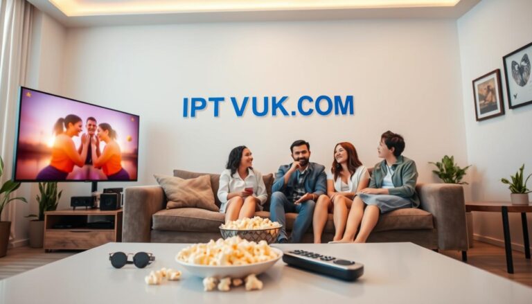 A modern living room setting with a large, sleek flat-screen television displaying the logo "IPTVVUK.COM" prominently. In the foreground, a stylish coffee table features a remote control and a bowl of popcorn, inviting viewers into a streaming experience. The middle ground showcases a comfortable sofa with plush cushions, where a diverse group of three friends in professional casual attire are gathered, laughing and engaging with each other while watching content on the screen. The background reveals a warm, softly lit ambiance with decorative elements like houseplants and wall art that enhance the cozy atmosphere. Use soft, natural lighting to create a friendly and inviting mood, capturing the essence of enjoying IPTV services at home. The angle should be slightly elevated to encompass both the screen and the engaged viewers.