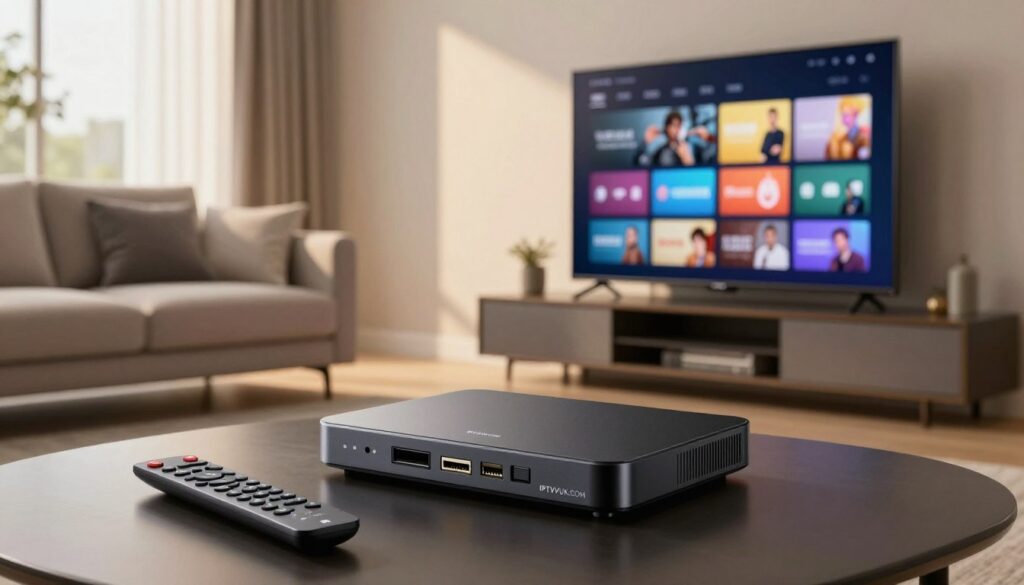 A modern living room setting with a sleek IPTV device prominently displayed on a stylish entertainment center. In the foreground, the device features various connectivity ports such as HDMI and Ethernet, highlighted by soft, warm lighting. The middle of the scene shows a flat-screen TV streaming content, showcasing various IPTV service icons, indicating compatibility with popular platforms. In the background, a comfortable sofa with neatly arranged cushions enhances the inviting atmosphere. Natural light streams through large windows, casting gentle shadows and creating a relaxed, cozy mood. The image should evoke a sense of modern technology and convenience, ideal for understanding the key features of IPTV services. Include the brand "IPTVVUK.COM" subtly integrated into the design of the remote control placed on the coffee table.