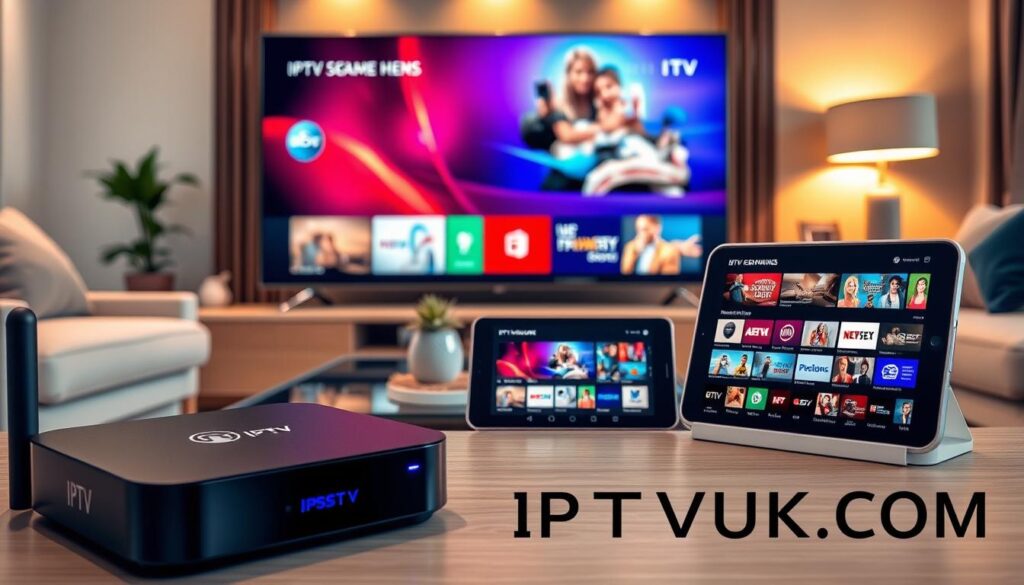 A modern living room setup featuring various IPTV compatible devices, including a sleek smart TV, a compact streaming box, a tablet, and a smartphone displaying IPTV content. In the foreground, the smart TV shows a vibrant, colorful interface of streaming options, attracting the viewer's attention. The middle ground features the tablet and smartphone placed on a stylish coffee table, both displaying different streaming services. The background consists of soft, cozy furniture and decorative pieces that enhance the modern aesthetic, with warm ambient lighting creating an inviting atmosphere. The image should have a professional touch, with a clear focus on the devices and a harmonious blend of colors. The brand "IPTVVUK.COM" subtly integrated into the design, making it feel seamless and relevant.