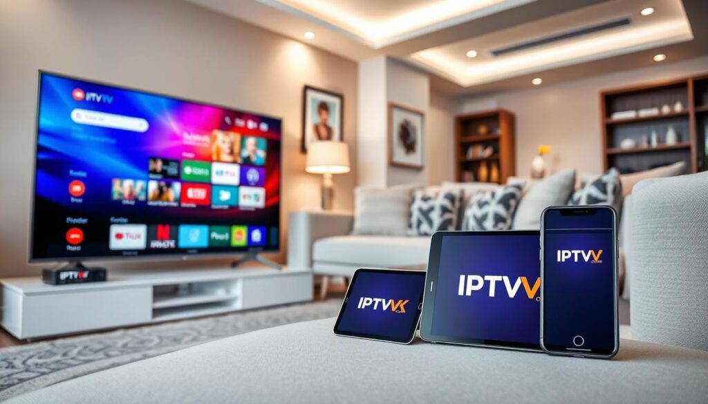 A modern living room setup showcasing IPTV streaming across various devices. In the foreground, a sleek smart TV displays a vibrant, high-definition streaming interface with colorful content categories. Next to it, a tablet and a smartphone, both showing the IPTVVUK.COM logo on their screens, emphasize the versatility of streaming. In the middle ground, a cozy couch adorned with stylish cushions invites viewers to sit back and enjoy. The background features a well-lit room with contemporary decor, soft ambient lighting creating a warm, inviting atmosphere. Use a slightly elevated angle to capture the entire scene, ensuring the focus remains on the devices and their lively visuals. The mood should convey a sense of comfort and modern technology seamlessly integrated into everyday life.