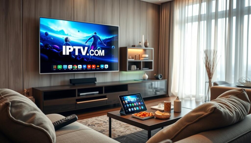 A modern living room setup showcasing IPTV streaming quality, featuring a sleek, ultra-high-definition TV displaying vibrant streaming graphics. In the foreground, a cozy couch with a remote control resting on the armrest, suggesting user engagement. In the middle, a coffee table adorned with snacks and a tablet streaming content, highlighting convenience. The background includes a stylish entertainment center with decorative elements and subtle lighting enhancing the atmosphere. Soft, natural light filters in through window curtains, casting gentle shadows, creating a welcoming mood. The scene evokes a sense of comfort and technological sophistication, with an emphasis on seamless entertainment experiences. Include elements like the logo "IPTVVUK.COM" in the design, seamlessly integrated into the TV's display. A modern living room setup showcasing IPTV streaming quality, featuring a sleek, ultra-high-definition TV displaying vibrant streaming graphics. In the foreground, a cozy couch with a remote control resting on the armrest, suggesting user engagement. In the middle, a coffee table adorned with snacks and a tablet streaming content, highlighting convenience. The background includes a stylish entertainment center with decorative elements and subtle lighting enhancing the atmosphere. Soft, natural light filters in through window curtains, casting gentle shadows, creating a welcoming mood. The scene evokes a sense of comfort and technological sophistication, with an emphasis on seamless entertainment experiences. Include elements like the logo "IPTVVUK.COM" in the design, seamlessly integrated into the TV's display.
