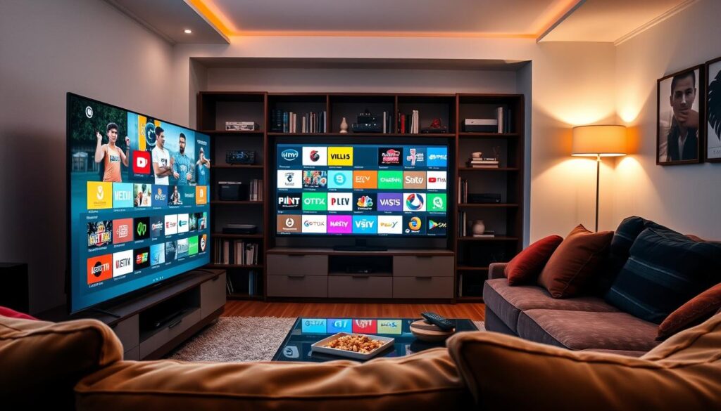 A modern living room setup showcasing IPTV streaming quality in action. In the foreground, a sleek, ultra-high-definition television displays a vibrant, colorful image of various popular UK IPTV channels. The middle ground features a comfortable couch with plush cushions, inviting viewers to relax and enjoy the experience. Soft, ambient lighting accentuates the warm colors of the room, and a stylish coffee table sits nearby with snacks and a remote control. In the background, a bookshelf is adorned with tech gadgets, emphasizing innovation in home entertainment. The atmosphere is cozy and inviting, reflecting the enjoyment of streaming services like IPTVVUK.COM. The scene is captured from a slightly elevated angle, creating a casual yet professional mood. A modern living room setup showcasing IPTV streaming quality in action. In the foreground, a sleek, ultra-high-definition television displays a vibrant, colorful image of various popular UK IPTV channels. The middle ground features a comfortable couch with plush cushions, inviting viewers to relax and enjoy the experience. Soft, ambient lighting accentuates the warm colors of the room, and a stylish coffee table sits nearby with snacks and a remote control. In the background, a bookshelf is adorned with tech gadgets, emphasizing innovation in home entertainment. The atmosphere is cozy and inviting, reflecting the enjoyment of streaming services like IPTVVUK.COM. The scene is captured from a slightly elevated angle, creating a casual yet professional mood.