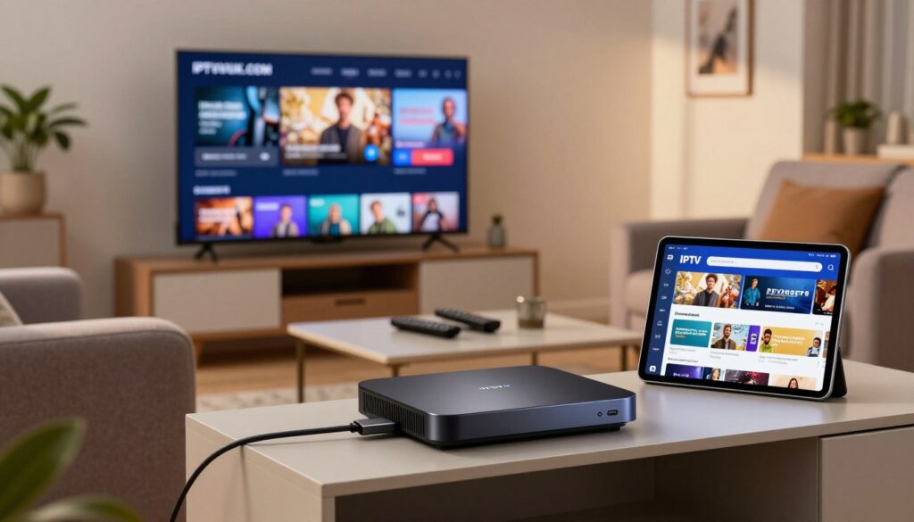 A modern living room showcasing a variety of IPTV devices for compatibility, featuring a sleek set-top box, a smart TV displaying an IPTV interface, and a tablet with a streaming app open. In the foreground, the set-top box is placed on a stylish entertainment unit, with an HDMI cable visibly connecting it to the TV. The middle ground reveals a cozy sofa facing the TV, with a remote control resting on a coffee table. The background features subtle home decor elements like a potted plant and framed pictures, creating a warm and inviting atmosphere. The lighting is soft and natural, suggesting a late afternoon glow, enhancing the comfortable vibe of the setting. The brand name "IPTVVUK.COM" appears prominently on the streaming interface on the TV screen, emphasizing the focus on device compatibility. A modern living room showcasing a variety of IPTV devices for compatibility, featuring a sleek set-top box, a smart TV displaying an IPTV interface, and a tablet with a streaming app open. In the foreground, the set-top box is placed on a stylish entertainment unit, with an HDMI cable visibly connecting it to the TV. The middle ground reveals a cozy sofa facing the TV, with a remote control resting on a coffee table. The background features subtle home decor elements like a potted plant and framed pictures, creating a warm and inviting atmosphere. The lighting is soft and natural, suggesting a late afternoon glow, enhancing the comfortable vibe of the setting. The brand name "IPTVVUK.COM" appears prominently on the streaming interface on the TV screen, emphasizing the focus on device compatibility.