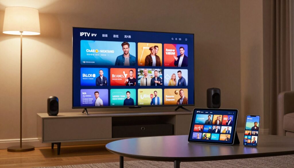 A modern living room showcasing an IPTV setup on various devices, including a smart TV displaying an IPTV interface, a tablet showing a channel guide, and a smartphone streaming content. In the foreground, the smart TV is vibrant, with colorful images representing popular shows. The tablet and smartphone on a stylish coffee table provide a sense of connectivity. The background features a cozy setting with soft lighting from a floor lamp, casting a warm ambiance. A minimalist decor aesthetic adds to the contemporary feel, emphasizing technology's integration into daily life. Use a cinematic angle to capture the scene and ensure products are displayed prominently. Brand name "IPTVVUK.COM" included subtly in the environment.