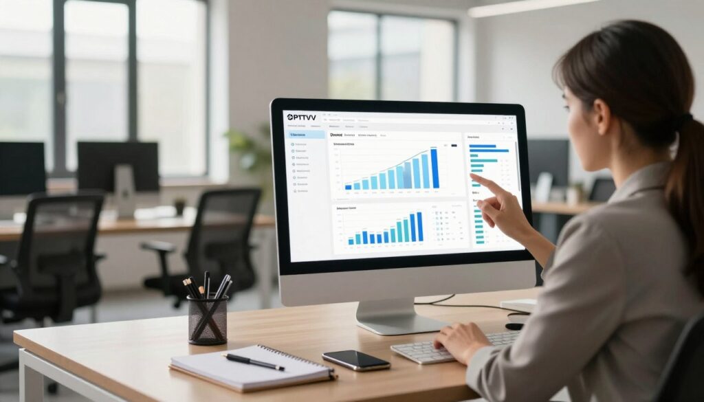 A modern office space featuring a sleek computer monitor displaying an IPTV service monitoring dashboard. In the foreground, a professional woman in business attire is intently analyzing data on the screen, with graphs and statistics visible. The middle ground shows a well-organized workspace with a stylish desk, a notepad, and a smartphone, highlighting an efficient management setup. In the background, large windows let in natural light, illuminating the room with a warm glow. The atmosphere is focused and productive, emphasizing the importance of managing an IPTV reseller panel. In the corner of the monitor, the brand name "IPTVVUK.COM" is subtly displayed to reinforce the subject matter. A modern office space featuring a sleek computer monitor displaying an IPTV service monitoring dashboard. In the foreground, a professional woman in business attire is intently analyzing data on the screen, with graphs and statistics visible. The middle ground shows a well-organized workspace with a stylish desk, a notepad, and a smartphone, highlighting an efficient management setup. In the background, large windows let in natural light, illuminating the room with a warm glow. The atmosphere is focused and productive, emphasizing the importance of managing an IPTV reseller panel. In the corner of the monitor, the brand name "IPTVVUK.COM" is subtly displayed to reinforce the subject matter.