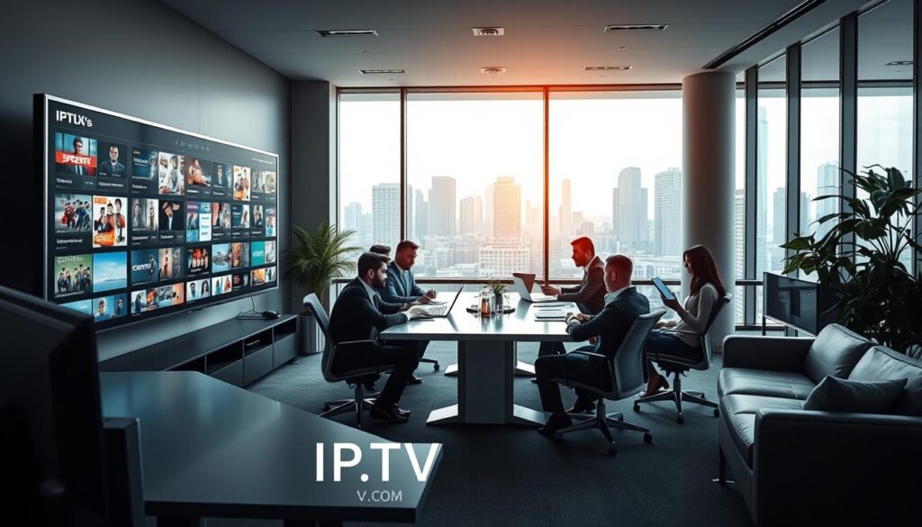 A modern office space showcasing the concept of "IPTV channel organisation". In the foreground, a sleek, high-tech workstation with multiple monitors displaying IPTV playlists, organized in a visually appealing manner, each screen showing various genres such as sports, movies, and documentaries. In the middle, a stylish conference table surrounded by professionals in business attire, engaged in a discussion, taking notes on tablets and laptops, exuding collaboration and innovation. The background features a large window with natural light streaming in, revealing a city skyline. Soft, diffused lighting adds a professional yet inviting atmosphere. The scene conveys efficiency and modern living, with subtle branding of "IPTVVUK.COM" integrated into the decor.