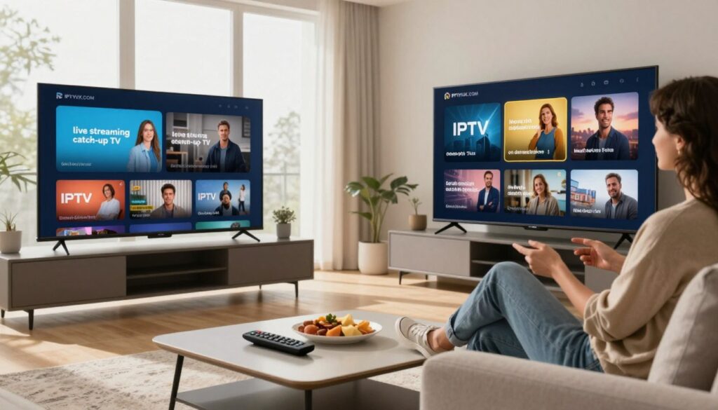 A modern, sleek living room setting with a large flat-screen TV displaying various IPTV service features such as "live streaming," "catch-up TV," "on-demand movies," and "multi-device compatibility." In the foreground, a stylish coffee table holds a remote control and snacks, inviting a cozy atmosphere. The middle ground features a comfortable sofa with two people dressed in modest casual clothing, discussing their viewing options, reflecting a sense of relaxation and enjoyment. The background shows bright natural light streaming through large windows, enhancing the welcoming vibe of the space. Use soft, warm lighting to create an inviting atmosphere, and incorporate the logo "IPTVVUK.COM" subtly in the TV display, ensuring clarity and visibility without distraction. Aim for a balanced composition that highlights the essential features of a reliable, cheap IPTV service. A modern, sleek living room setting with a large flat-screen TV displaying various IPTV service features such as "live streaming," "catch-up TV," "on-demand movies," and "multi-device compatibility." In the foreground, a stylish coffee table holds a remote control and snacks, inviting a cozy atmosphere. The middle ground features a comfortable sofa with two people dressed in modest casual clothing, discussing their viewing options, reflecting a sense of relaxation and enjoyment. The background shows bright natural light streaming through large windows, enhancing the welcoming vibe of the space. Use soft, warm lighting to create an inviting atmosphere, and incorporate the logo "IPTVVUK.COM" subtly in the TV display, ensuring clarity and visibility without distraction. Aim for a balanced composition that highlights the essential features of a reliable, cheap IPTV service.