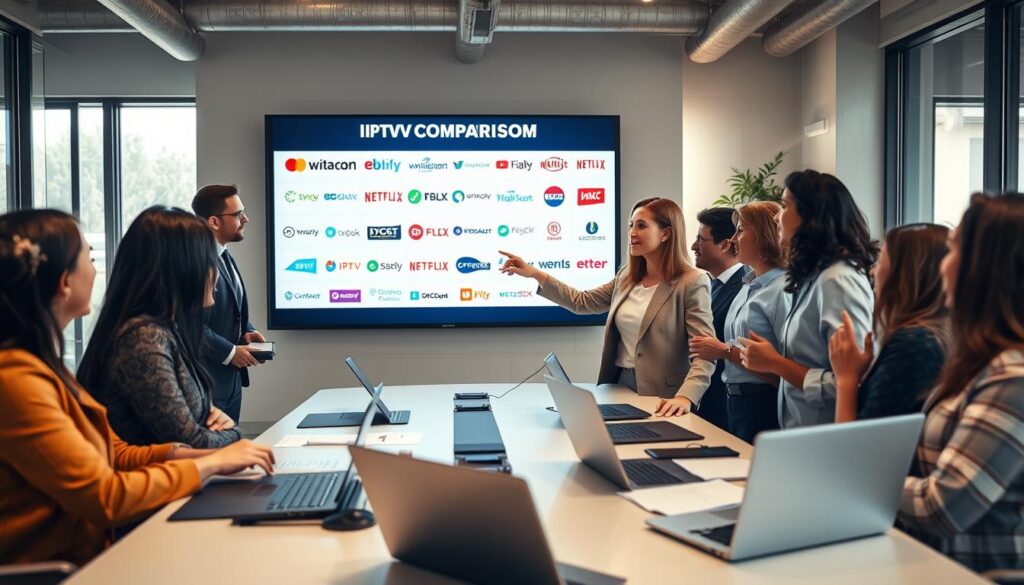A modern, stylish office space featuring a diverse group of professionals engaged in lively discussions about IPTV services. In the foreground, a businesswoman in professional attire is pointing at a large screen displaying various IPTV provider logos, including "IPTVVUK.COM." The middle layer includes a stylish conference table with laptops and documents related to IPTV comparisons. The background features large windows with natural light streaming in, creating an inviting and energetic atmosphere. The image has a warm, welcoming tone, emphasizing collaboration and decision-making in a digital setting. The camera angle is slightly above eye level, capturing the interactions and the high-tech environment, showcasing innovation in media consumption. No text or logos other than IPTVVUK.COM should be present. A modern, stylish office space featuring a diverse group of professionals engaged in lively discussions about IPTV services. In the foreground, a businesswoman in professional attire is pointing at a large screen displaying various IPTV provider logos, including "IPTVVUK.COM." The middle layer includes a stylish conference table with laptops and documents related to IPTV comparisons. The background features large windows with natural light streaming in, creating an inviting and energetic atmosphere. The image has a warm, welcoming tone, emphasizing collaboration and decision-making in a digital setting. The camera angle is slightly above eye level, capturing the interactions and the high-tech environment, showcasing innovation in media consumption. No text or logos other than IPTVVUK.COM should be present.