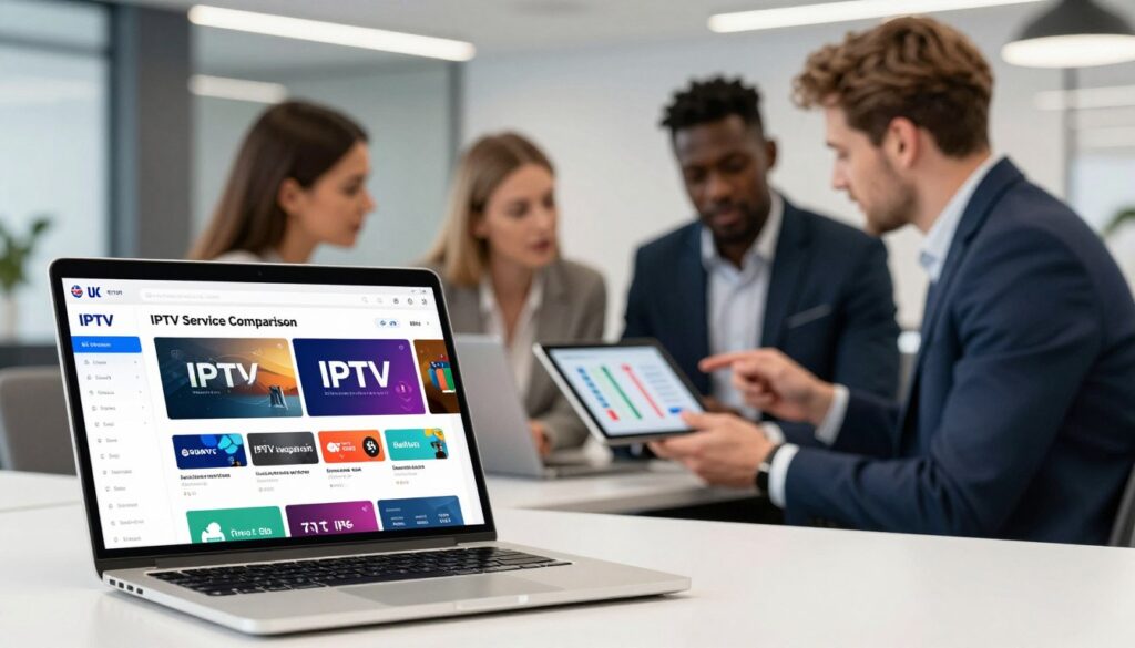 A professional and informative image showcasing an "IPTV Service Comparison" for the article on UK IPTV services. In the foreground, include a sleek, modern laptop displaying a vibrant user interface with IPTV service options on the screen. In the middle ground, depict a diverse group of three individuals in professional business attire—one is analyzing data on the laptop, while the others are engaged in discussion, looking at a tablet showcasing a comparison chart. The background should feature a contemporary office setting with soft, diffused lighting and sleek furniture, creating a tech-savvy atmosphere. Add subtle branding elements, including the logo "IPTVVUK.COM" incorporated into the laptop screen interface. The overall mood should be focused and collaborative, emphasizing careful consideration in choosing the right IPTV service. A professional and informative image showcasing an "IPTV Service Comparison" for the article on UK IPTV services. In the foreground, include a sleek, modern laptop displaying a vibrant user interface with IPTV service options on the screen. In the middle ground, depict a diverse group of three individuals in professional business attire—one is analyzing data on the laptop, while the others are engaged in discussion, looking at a tablet showcasing a comparison chart. The background should feature a contemporary office setting with soft, diffused lighting and sleek furniture, creating a tech-savvy atmosphere. Add subtle branding elements, including the logo "IPTVVUK.COM" incorporated into the laptop screen interface. The overall mood should be focused and collaborative, emphasizing careful consideration in choosing the right IPTV service.