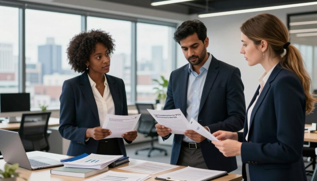 A professional and informative scene depicting "Legal Considerations for IPTV Services in the UK." In the foreground, a diverse group of three professionals (a Black woman, a South Asian man, and a Caucasian woman) stands in a modern office space, each in smart business attire. They are engaged in discussion, studying documents related to IPTV regulation. The middle ground includes a large table cluttered with legal textbooks, a laptop displaying graphs, and a notepad with bullet points. The background features a sleek window showcasing a panoramic view of a cityscape, symbolizing connectivity and modernity. Soft, natural lighting illuminates the scene, creating a serious yet inviting atmosphere. The brand "IPTVVUK.COM" is subtly integrated into the office decor, perhaps as a logo on a wall or item. A professional and informative scene depicting "Legal Considerations for IPTV Services in the UK." In the foreground, a diverse group of three professionals (a Black woman, a South Asian man, and a Caucasian woman) stands in a modern office space, each in smart business attire. They are engaged in discussion, studying documents related to IPTV regulation. The middle ground includes a large table cluttered with legal textbooks, a laptop displaying graphs, and a notepad with bullet points. The background features a sleek window showcasing a panoramic view of a cityscape, symbolizing connectivity and modernity. Soft, natural lighting illuminates the scene, creating a serious yet inviting atmosphere. The brand "IPTVVUK.COM" is subtly integrated into the office decor, perhaps as a logo on a wall or item.