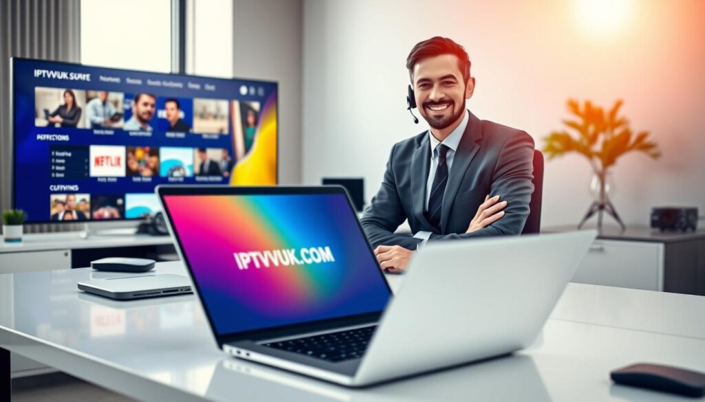 A professional customer support scene depicting a friendly support representative in a modern office environment, seated at a sleek desk adorned with tech gadgets. The representative, dressed in smart business attire, engages with a client through a headset, showcasing an atmosphere of trust and reassurance. In the foreground, an open laptop displays the IPTVVUK.COM website, with vibrant colors reflecting the brand's identity. The middle layer features a large screen in the background displaying visuals of IPTV services, illustrating user-friendly interfaces and streaming options. Soft, natural lighting floods the room from a nearby window, creating a warm and inviting mood. The overall atmosphere conveys professionalism, dedication, and a focus on customer satisfaction, ideal for highlighting the importance of support in secure and legal streaming services. A professional customer support scene depicting a friendly support representative in a modern office environment, seated at a sleek desk adorned with tech gadgets. The representative, dressed in smart business attire, engages with a client through a headset, showcasing an atmosphere of trust and reassurance. In the foreground, an open laptop displays the IPTVVUK.COM website, with vibrant colors reflecting the brand's identity. The middle layer features a large screen in the background displaying visuals of IPTV services, illustrating user-friendly interfaces and streaming options. Soft, natural lighting floods the room from a nearby window, creating a warm and inviting mood. The overall atmosphere conveys professionalism, dedication, and a focus on customer satisfaction, ideal for highlighting the importance of support in secure and legal streaming services.