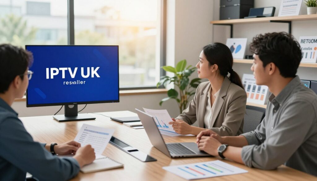 A professional office setting illustrates a successful IPTV UK reseller, featuring a diverse group of three individuals—two men and one woman—engaged in a productive discussion. The foreground shows a sleek conference table with digital devices displaying IPTVVUK.COM branding, papers with customer data, and a laptop open with graphs indicating customer retention rates. In the middle ground, a large window lets in warm, natural light, enhancing a feeling of transparency and openness. The backdrop includes shelves with technology and marketing materials focused on customer loyalty. The scene captures an atmosphere of collaboration and determination to build a loyal customer base, emphasizing professionalism and strategic planning. The lighting is bright and inviting, giving a sense of hope and opportunity in the IPTV market. A professional office setting illustrates a successful IPTV UK reseller, featuring a diverse group of three individuals—two men and one woman—engaged in a productive discussion. The foreground shows a sleek conference table with digital devices displaying IPTVVUK.COM branding, papers with customer data, and a laptop open with graphs indicating customer retention rates. In the middle ground, a large window lets in warm, natural light, enhancing a feeling of transparency and openness. The backdrop includes shelves with technology and marketing materials focused on customer loyalty. The scene captures an atmosphere of collaboration and determination to build a loyal customer base, emphasizing professionalism and strategic planning. The lighting is bright and inviting, giving a sense of hope and opportunity in the IPTV market.
