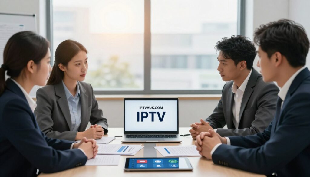 A professional office setting illustrating the concept of IPTV legality. In the foreground, a diverse group of three individuals dressed in smart business attire engage in a discussion around a modern conference table, with a laptop displaying IPTVVUK.COM on the screen. In the middle ground, legal documents, charts, and a tablet with streaming icons are spread across the table, emphasizing the importance of legality in IPTV subscriptions. The background features a large window with soft daylight streaming in, casting a warm glow across the room. Soft focus on the background adds depth while maintaining the attention on the professionals. The atmosphere is serious yet collaborative, encapsulating legal considerations and safety tips in a modern context. A professional office setting illustrating the concept of IPTV legality. In the foreground, a diverse group of three individuals dressed in smart business attire engage in a discussion around a modern conference table, with a laptop displaying IPTVVUK.COM on the screen. In the middle ground, legal documents, charts, and a tablet with streaming icons are spread across the table, emphasizing the importance of legality in IPTV subscriptions. The background features a large window with soft daylight streaming in, casting a warm glow across the room. Soft focus on the background adds depth while maintaining the attention on the professionals. The atmosphere is serious yet collaborative, encapsulating legal considerations and safety tips in a modern context.