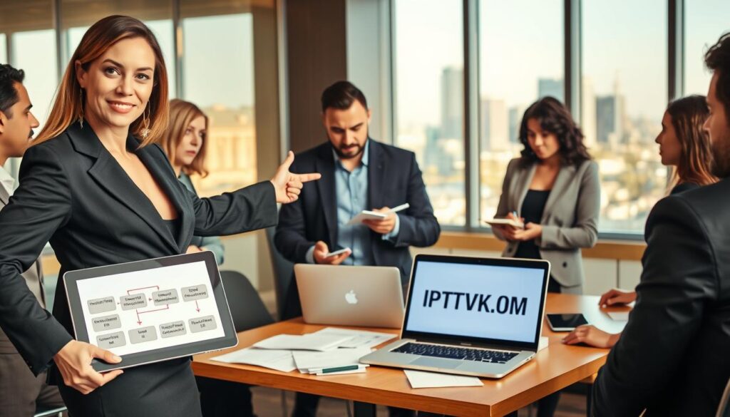 A professional office setting with a diverse group of individuals discussing IPTV legal considerations. In the foreground, a confident woman in a business suit points to a digital tablet displaying a flowchart of legal frameworks related to IPTV. In the middle, a man in smart casual attire takes notes, surrounded by documents and a laptop showing IPTVVUK.COM on the screen. The background features a modern conference room with a large window letting in natural daylight, highlighting a city skyline. The atmosphere is serious yet collaborative, emphasizing the importance of legality in streaming services. The lighting is warm, creating a productive, professional vibe, captured from a slightly elevated angle to encompass the entire scene.