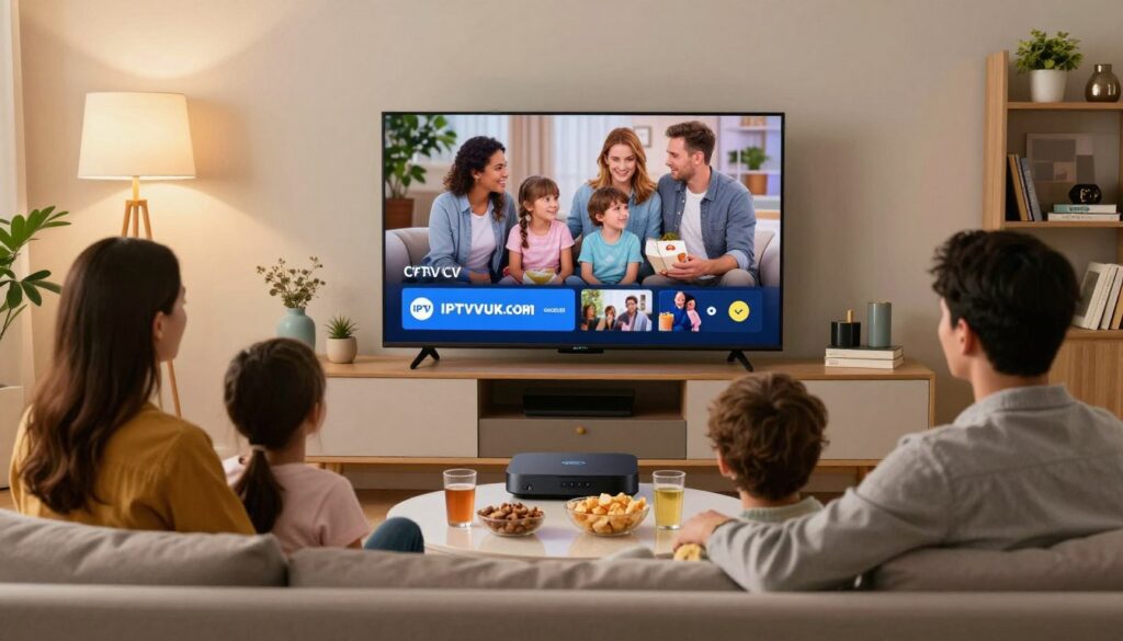 A professional setting showcasing a modern living room where a family is enjoying IPTV content on a large flat-screen TV. In the foreground, a mother and father sit comfortably on a stylish sofa, dressed in casual but neat clothing, absorbed in a family show. The coffee table in front of them holds snacks and drinks, enhancing the inviting atmosphere. In the middle ground, a sleek, high-tech streaming device is placed on the TV stand, branded with "IPTVVUK.COM". The background features soft lighting from a warm lamp, creating a cozy environment, and a tasteful selection of decorative items, including books and plants. The overall mood is relaxed and family-oriented, highlighting the safety and enjoyment of legal IPTV services. A professional setting showcasing a modern living room where a family is enjoying IPTV content on a large flat-screen TV. In the foreground, a mother and father sit comfortably on a stylish sofa, dressed in casual but neat clothing, absorbed in a family show. The coffee table in front of them holds snacks and drinks, enhancing the inviting atmosphere. In the middle ground, a sleek, high-tech streaming device is placed on the TV stand, branded with "IPTVVUK.COM". The background features soft lighting from a warm lamp, creating a cozy environment, and a tasteful selection of decorative items, including books and plants. The overall mood is relaxed and family-oriented, highlighting the safety and enjoyment of legal IPTV services.
