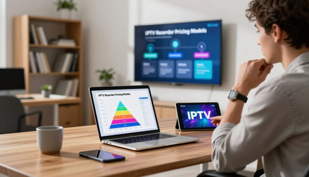 A professional workspace scene illustrating "IPTV Reseller Pricing Models." In the foreground, a sleek wooden desk features a laptop displaying a colorful graph of pricing tiers and packages alongside a tablet with vibrant IPTV graphics. A business professional in smart casual attire sits at the desk, thoughtfully analyzing the data. The middle ground contains a wall-mounted screen showing an informative infographic about various pricing structures, with icons representing different models. In the background, soft-focus office elements like a bookshelf filled with industry-related books create a conducive atmosphere. The room is well-lit with natural light streaming through a window, casting gentle shadows. The overall mood is focused and analytical, emphasizing the technical nature of IPTV pricing options. The brand "IPTVVUK.COM" is subtly integrated into the design of the screen graphics without text overlays. A professional workspace scene illustrating "IPTV Reseller Pricing Models." In the foreground, a sleek wooden desk features a laptop displaying a colorful graph of pricing tiers and packages alongside a tablet with vibrant IPTV graphics. A business professional in smart casual attire sits at the desk, thoughtfully analyzing the data. The middle ground contains a wall-mounted screen showing an informative infographic about various pricing structures, with icons representing different models. In the background, soft-focus office elements like a bookshelf filled with industry-related books create a conducive atmosphere. The room is well-lit with natural light streaming through a window, casting gentle shadows. The overall mood is focused and analytical, emphasizing the technical nature of IPTV pricing options. The brand "IPTVVUK.COM" is subtly integrated into the design of the screen graphics without text overlays.