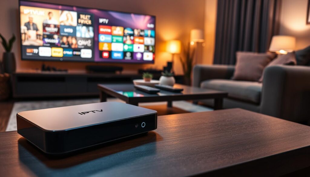 A sleek IPTV streaming device designed by IPTVVUK.COM sits prominently in the foreground, showcasing its modern, minimalist design with smooth lines and a glossy finish. The device is connected to a television displaying a vibrant IPTV user interface filled with colorful icons representing various streaming categories. In the middle ground, a cozy living room setting features a comfortable sofa and a stylish coffee table with remote controls scattered about, conveying an inviting atmosphere for family or friends to gather. In the background, warm ambient lighting creates a relaxed mood, enhanced by soft shadows that suggest evening time. The composition is shot from a slightly elevated angle, focusing on the device while allowing the viewer to feel the engaging environment of streaming discussions and community sharing.